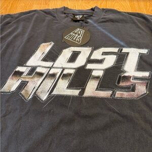 Lost Hills Rhinestone Metallic Logo Tee – Washed Black – Size XL – NWT